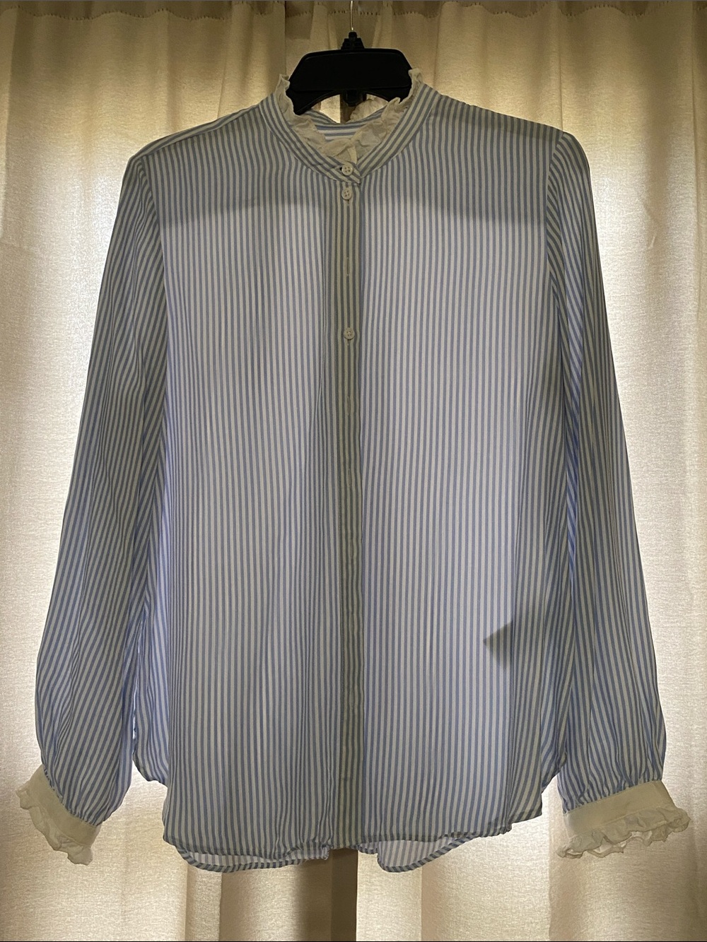Striped Light Blue woman’s J crew Dress Shirt with Ruffle Trim